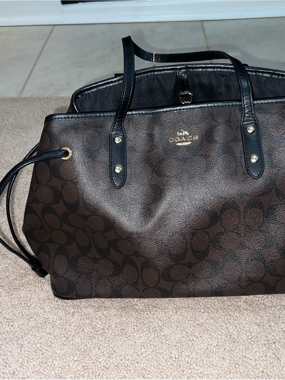 Coach Brown Signature Canvas Tote with Black Leather Handles